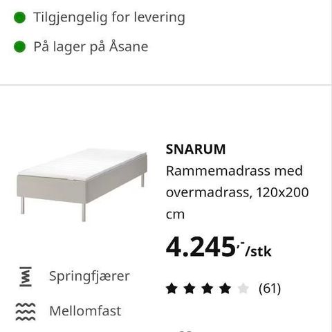 Snarum seng. Fri frakt