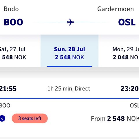 Flybilletter Bodø-Oslo 28.07