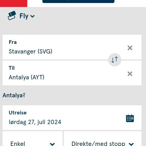Flybilletter med Norwegian en vei fra Stavanger til Antalya 27 juli