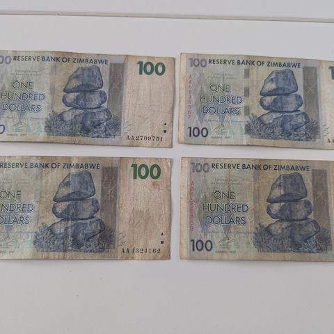 4 sedler fra Zimbabwe