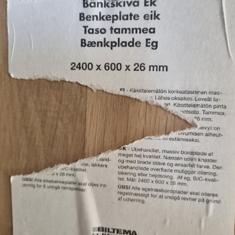 Benkeplate i eik, 240x60x2.6 cm, uåpnet