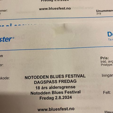 3 billetter til Notodden Bluesfestival -Fredag 02.08.