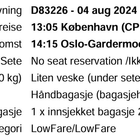 Norwegian flybilett (1 person) København-Oslo, 4. august