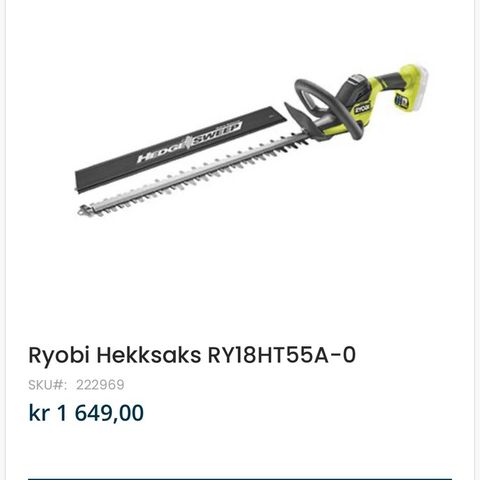 Ryobi Hekksaks RY18HT55A, brukt 1 sesong. Ingen feil eller mangler