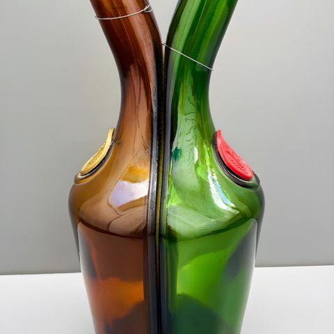 Dobbel flaske brunt og grønt glass vase pynt kunst 24 cm