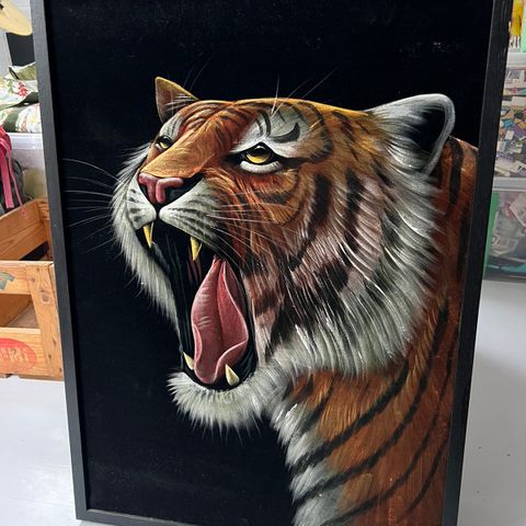 Innrammet bilde av tiger fra India, malt på velour/fløyel