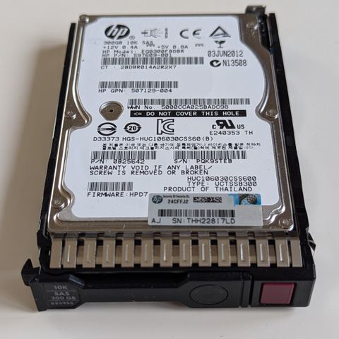 HP Gen 8/9 300GB SAS 10K RPM SFF harddisk selges