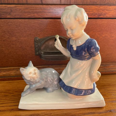 Vintage Porselensfigurer med Katt, Hund, Fugl