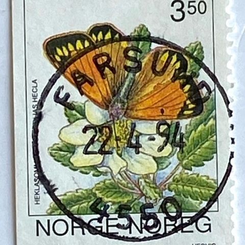 Norge 1994 Sommerfugler II Heklasommerfugl NK 1192 Pent stempel FARSUND 22—94