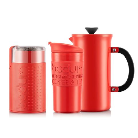 RED Bodum coffee press and grinder – RØDT Bodum presskaffekanne og kaffekvern