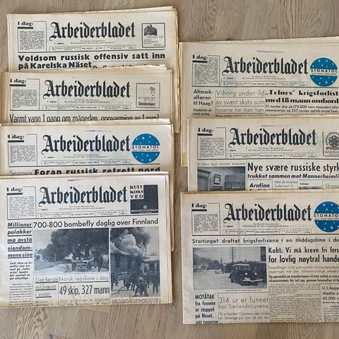 7 stk Arbeiderbladet febr. 1940: Norske Telnes, Tempo og Arnfinn krigsforlist