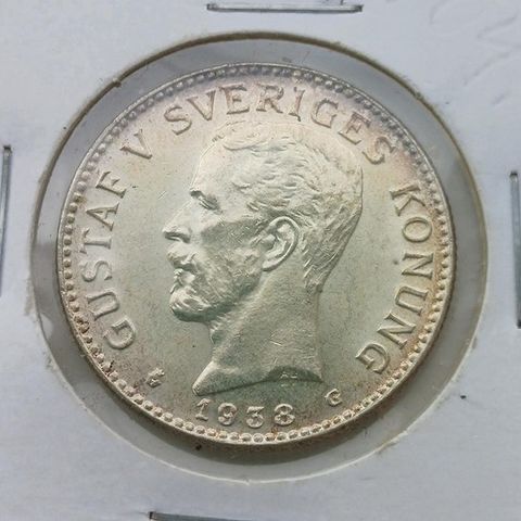 2 Kronor Sverige 1938. Meget pen sølvmynt.