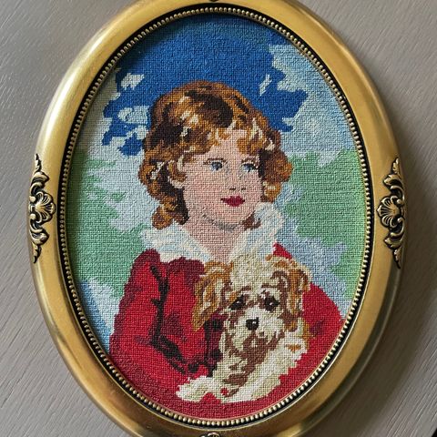 Brodert barn med hund i oval ramme 21x27 cm