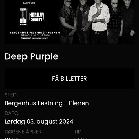 Hotell og 2 stk billetter til konsert Deep Purple og Europe i Bergen 3. august