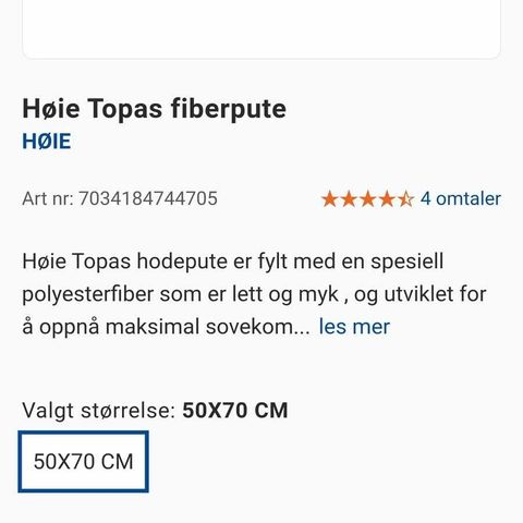 Ny ubrukt Høie Topas fiberpute 50x70