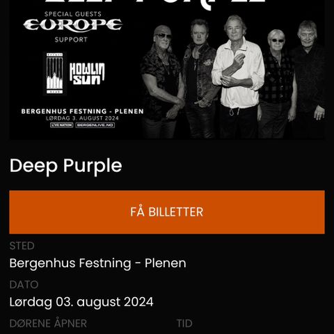 2 stk Billetter til Deep Purple og Europe