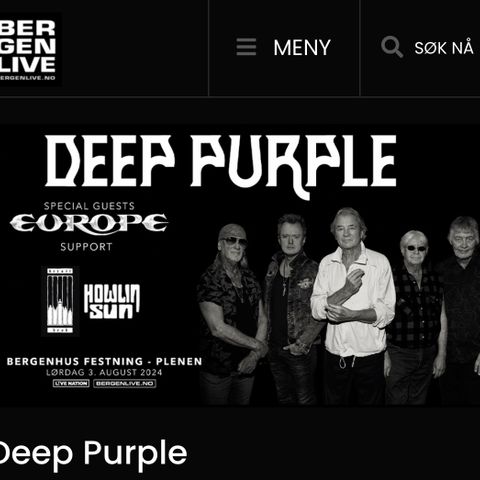 2 billetter til Deep Purple 3 aug i Bergen