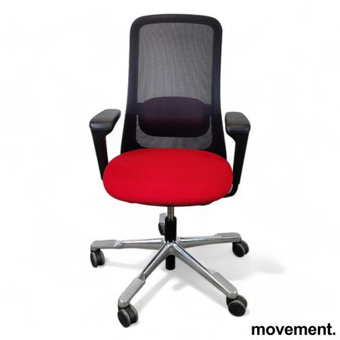 6 stk HÅG Sofi 7500 kontorstol i rødt stoff, mesh rygg, armlene, høy rygg, sort 