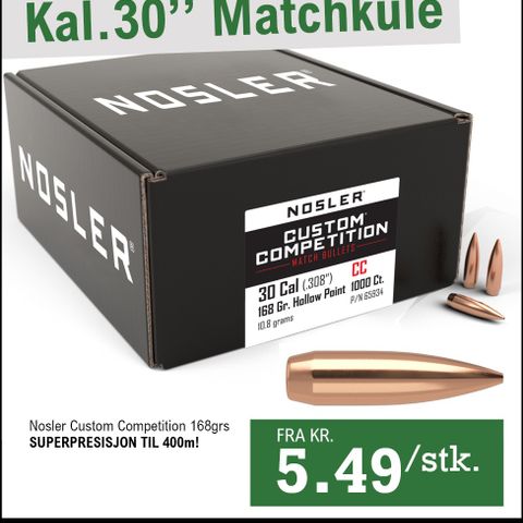 Norges rimeligste matchkuler Kal.30 - Nosler CC 168