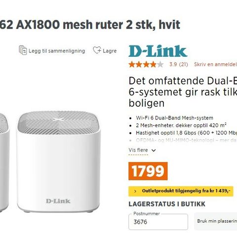 D-Link Covr-X1862 AX1800 mesh ruter 2 stk, hvit