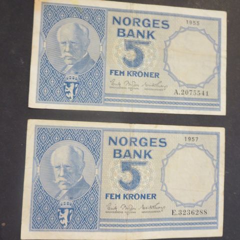 2 Stk 5 Krone seddler .1955 A + 1957 E