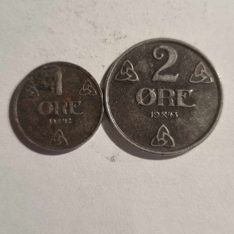 1 øre 1942 og 2 øre 1943, jernmynter WWII