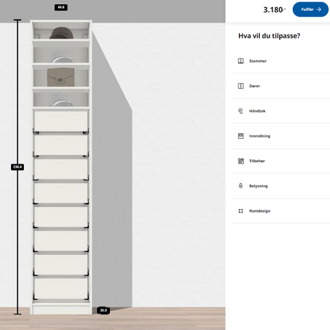 RESERVERT |  Pax stamme med 8 skuffer og 4 hyller | str. 50 x 35 x 236 mm