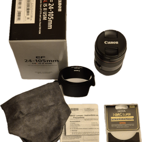 Canon EF 24-105 f/4L IS II USM - Linse med etui og solblender + Hoya filter
