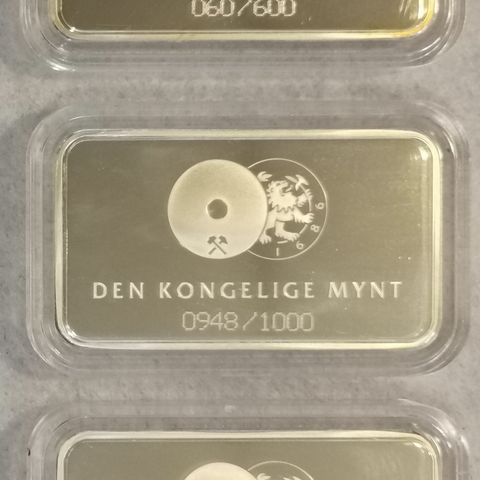 3 stk Norske sølvbarrer, 1 oz, 999 sølv.