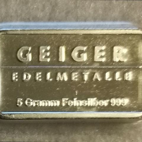 5 gram, Geiger, 999 sølvbarre.
