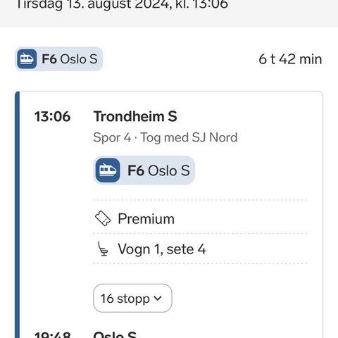 Premium Trondheim-Oslo tirsdag 13. august