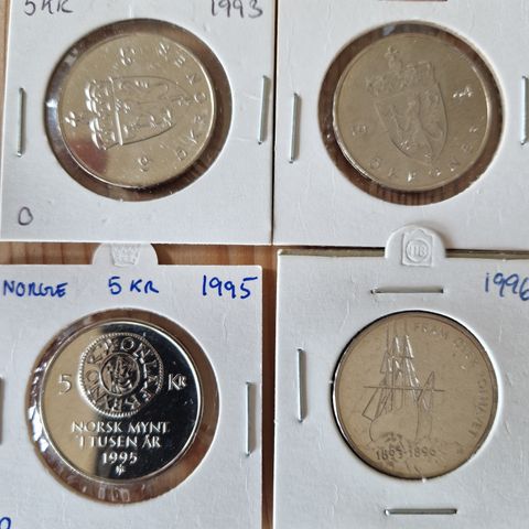 4 STK 5 KRONER 1993.1994,1995 OG 1996 PERFEKTE USIRKULERTE