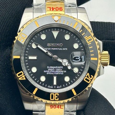 Seiko Mod --SUBMARINER-- Gold & Silver & Black "Stealth-Date"