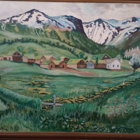 Nydelig maleri gård/fjell landskap