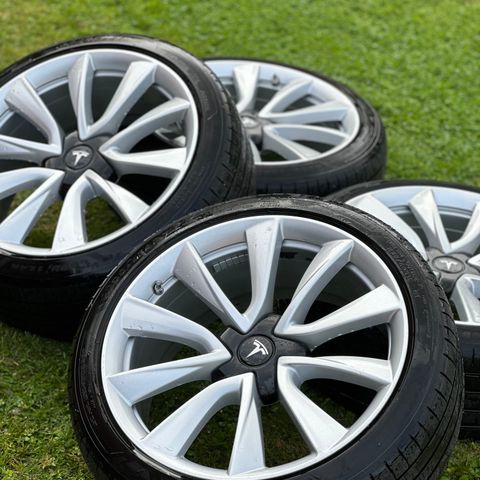 Originale Tesla 19” Sport felger med nesten nye Goodyear Eagle F1 sommerdekk.