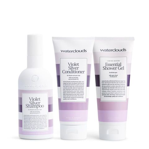 Waterclouds sett Violet Silver Shampoo, Balsam og Dusjsåpe