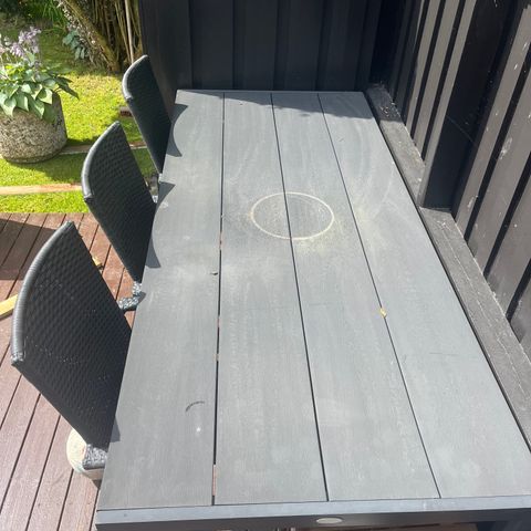 Table, 3 chairs and wooden bench