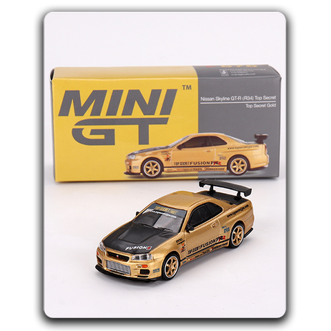 Mini GT 1:64 Nissan Skyline GT-R (R34) Top Secret Gold Japan Exclusive, MGT00676