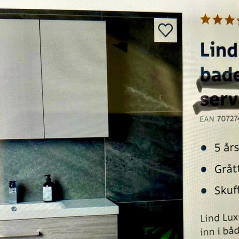 Linn Luxury grå, speilskap 100cm ubrukt