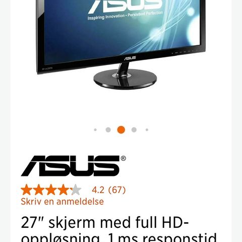 27 tommer PC skjerm fra Asus