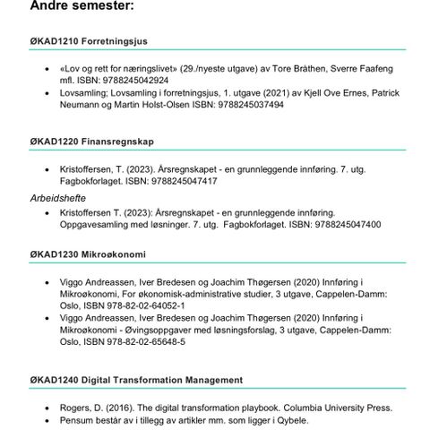 Pensumbøker til ØKAD 2. semester ved ONH