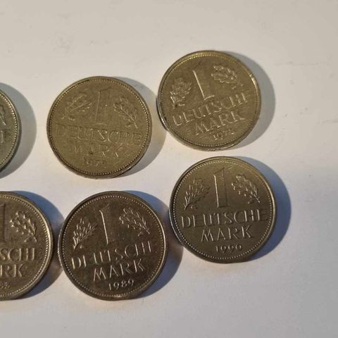 Lot med 6 tyske 1 mark mynter 1959-1990