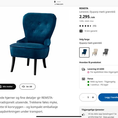 Selger 2 stk IKEA lenestoler til høystbydende over 1200kr pr.stk