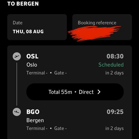 Flybillett til Bergen fra Gardemoen 8. august