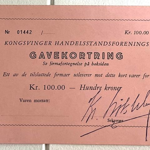 Kongsvinger gavekortring kr.100