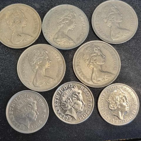 Lot med 8 stk 10 pence/new pence England 1968-2015