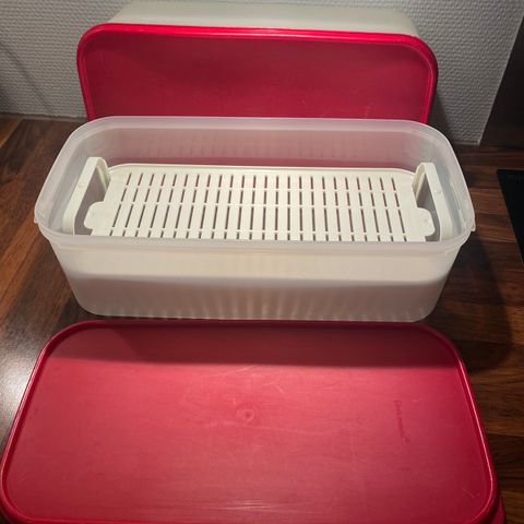 Tupperware. Rektangulære  bokser med rist i bunn.