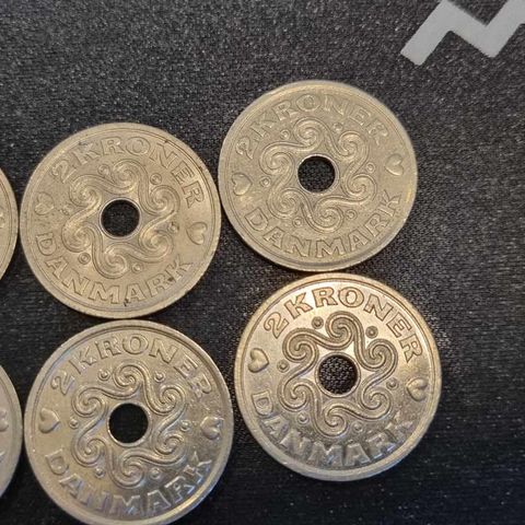 Lot med 6 stk 2 kroner Danmark 1992-2007