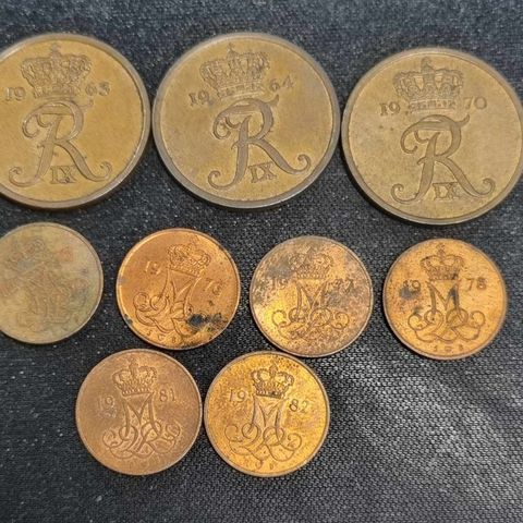 Lot med 9 stk 5 ører Danmark 1963-1982