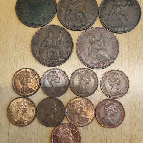 Lot med 14 stk 1 penny/new penny England 1903-2004